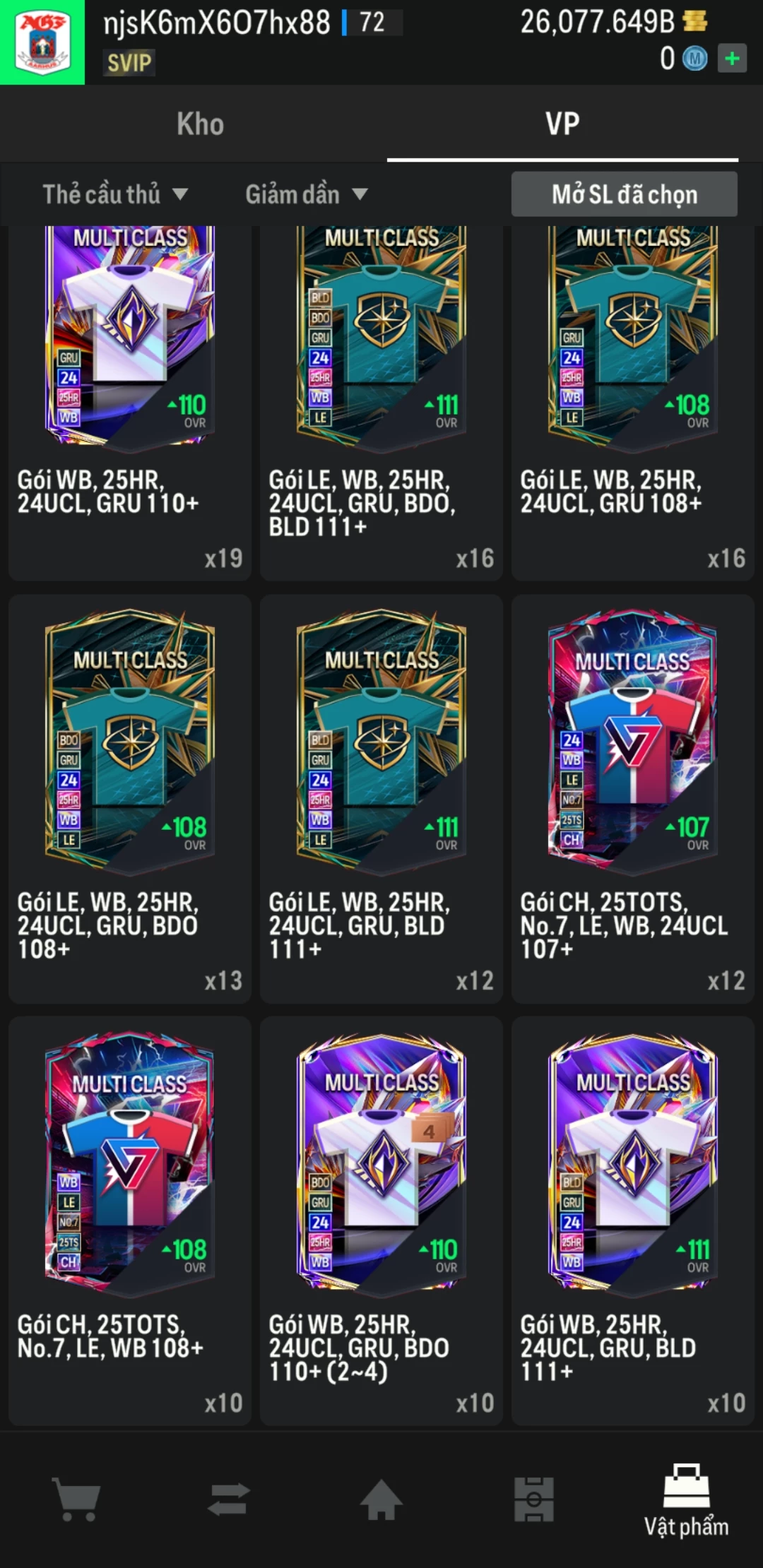 Ảnh ACC mở thẻ (LOẠI SVIP) bao gồm 1 gói thẻ +12 và 500+ đến 600+ thẻ cầu thủ từ Siêu sao đến Miền núi các loại. Có sẵn BP trắng trong acc từ 18.000 tỷ BP đến 26.000 tỷ BP, kèm theo nhiều ngày SVIP